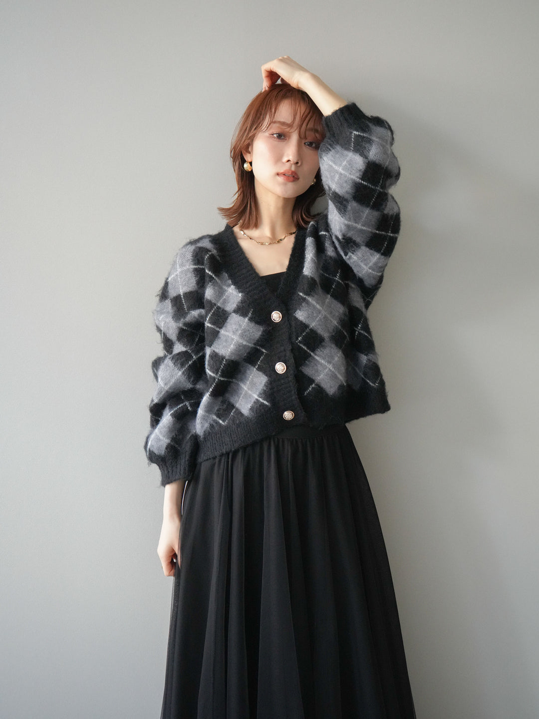 [予約]アーガイルシャギーニットカーディガン/gray