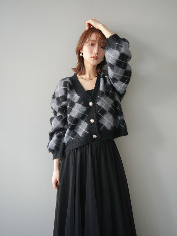 [予約]アーガイルシャギーニットカーディガン/gray