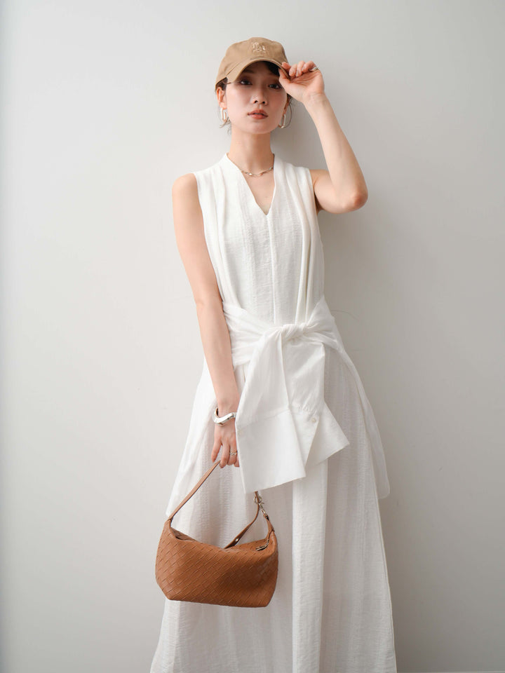 [予約]ショルダーギャザーVネックノースリワンピース/white