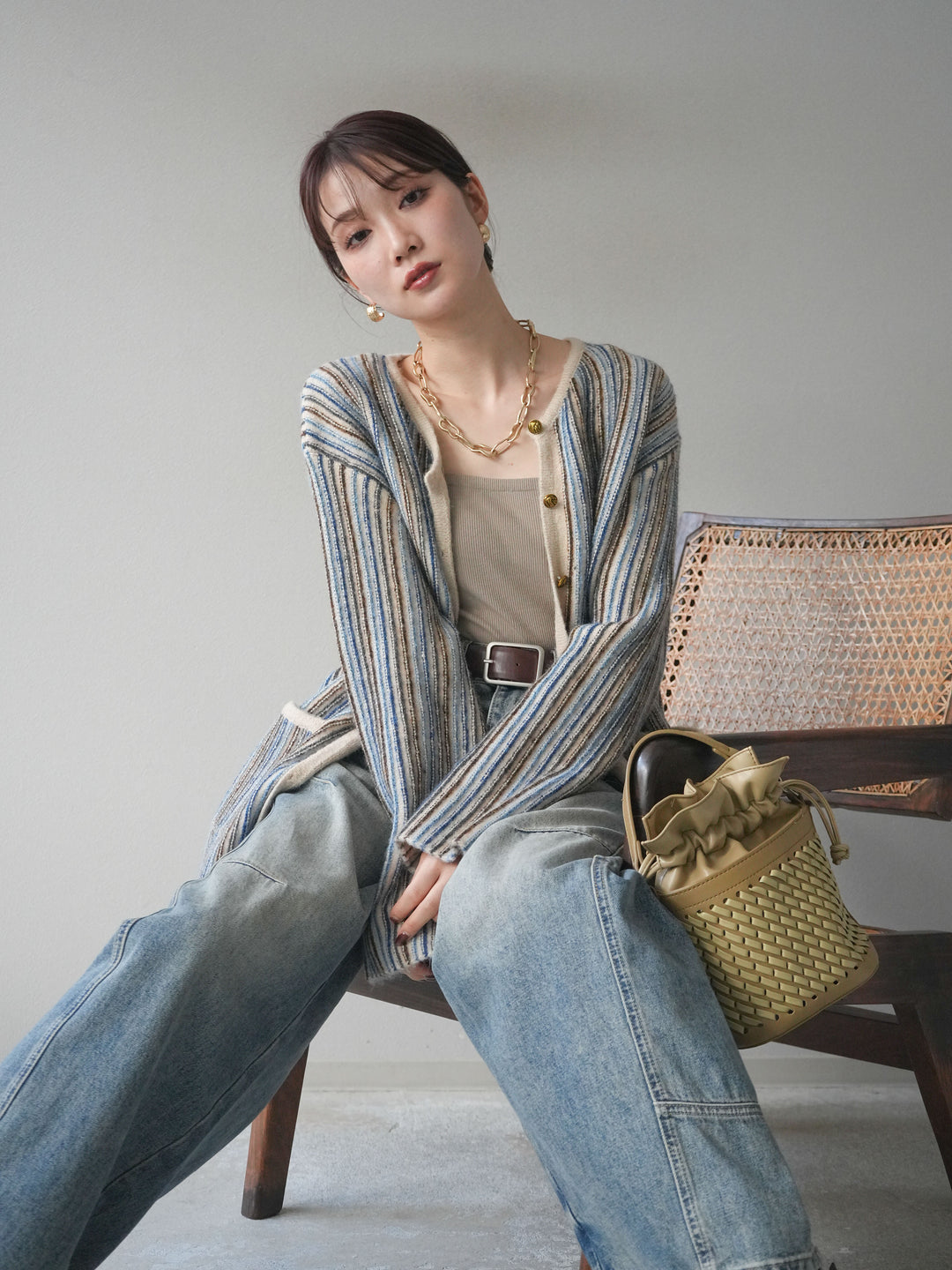 [予約]アンティークボタンストライプニットカーディガン/ivory