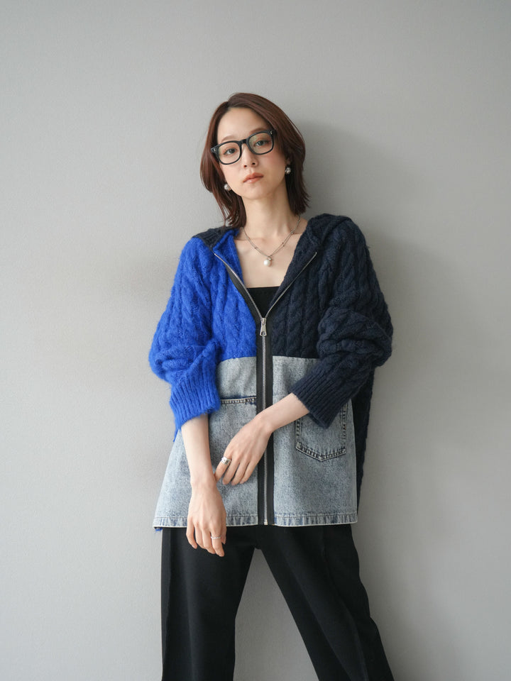 [予約]デニム×バイカラーニットZIPフーディ/blue