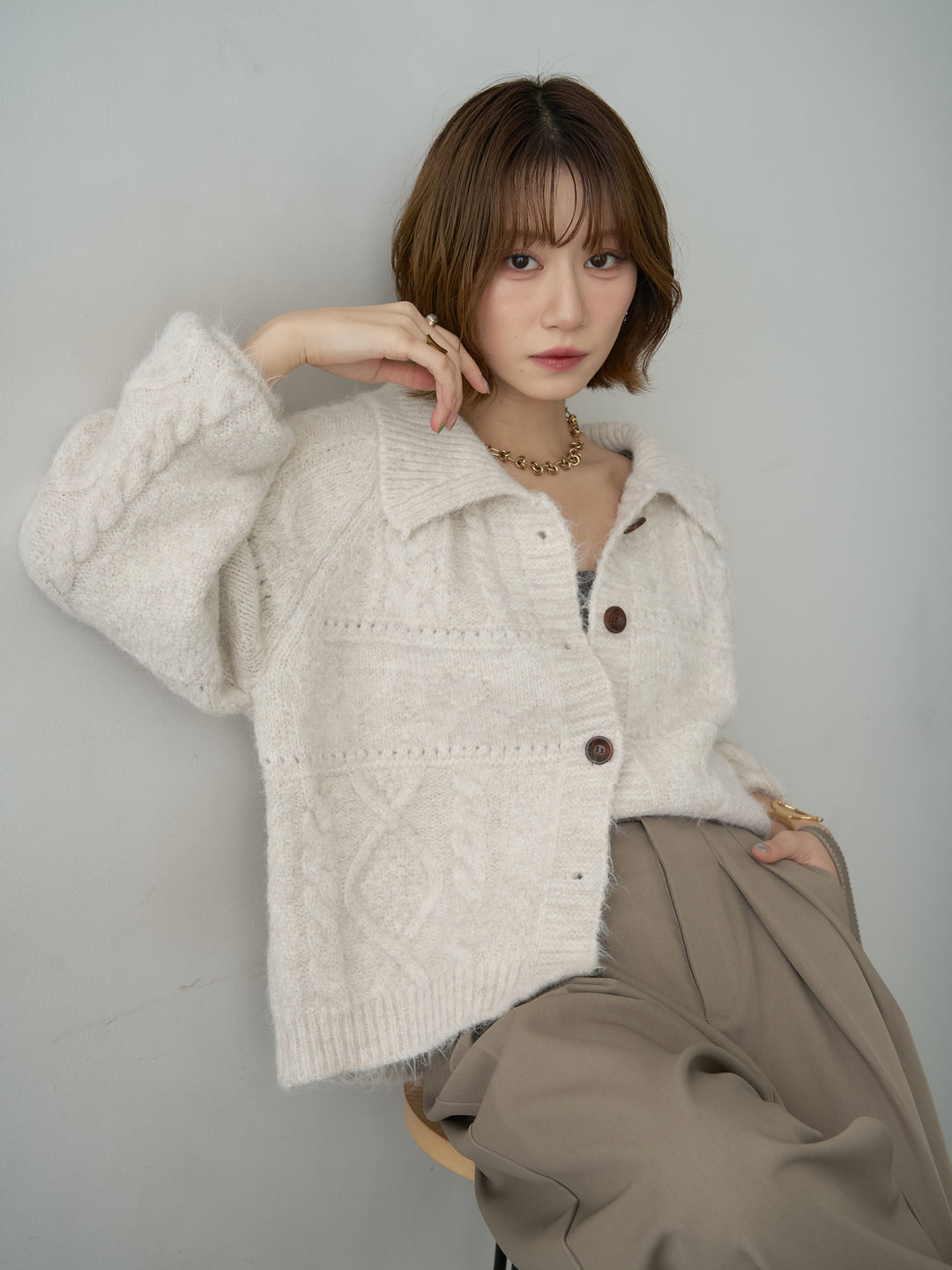[予約]ビッグカラーケーブルシャギーカーディガン/beige