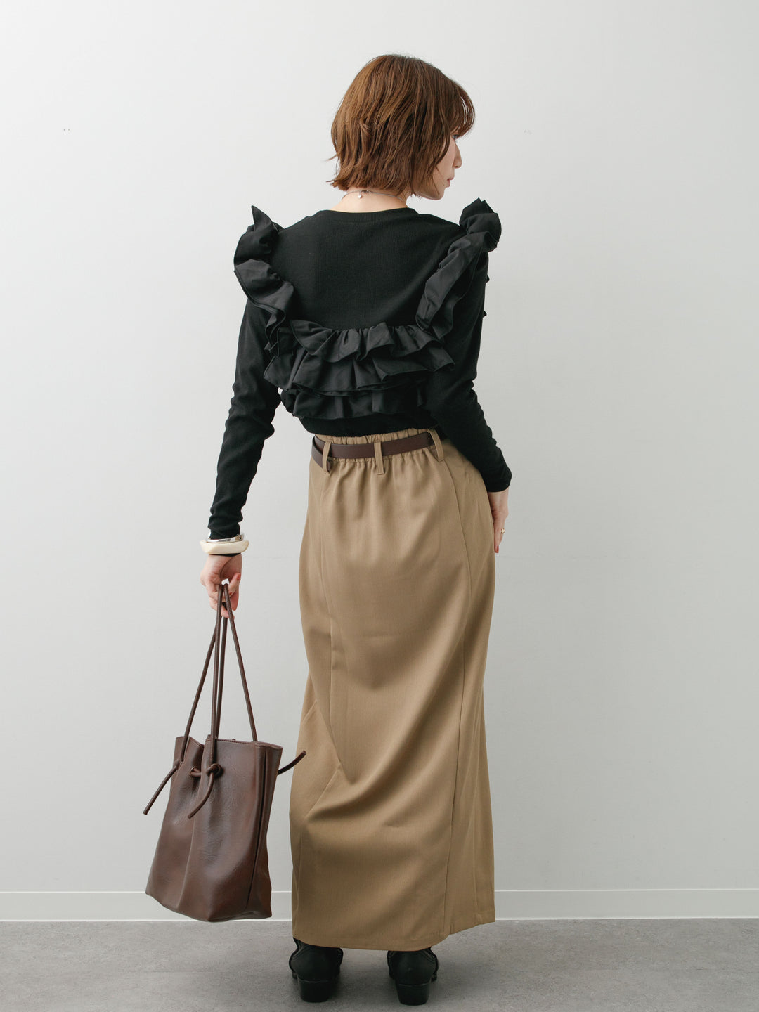 [SET]カットリブマルチWAYトップス+クレープデシンフラップ付きストレートスカート(2set)