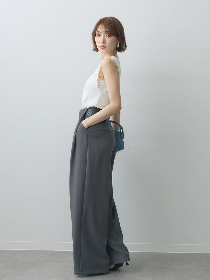 [SET]カーブデザインリブニットタンクトップ+ベルトループデザインワイドパンツ(2set)