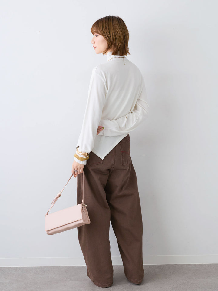 [SET]モックネックアシメヘムトップス+カラーステッチワイドパンツ(2set)