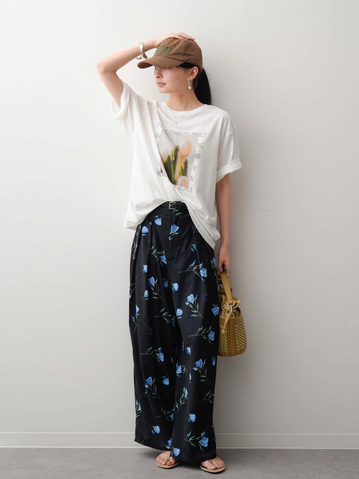 【着回しセット】フラワーフォトTEE+フラワープリントドレープタックパンツ+フラワープリントIラインギャザースカート(3set)