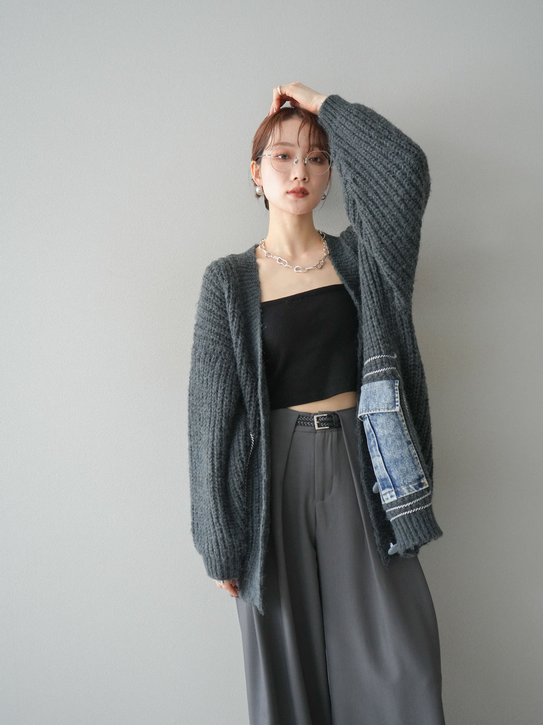 [予約]デニムポケットハンドステッチカーディガン/gray