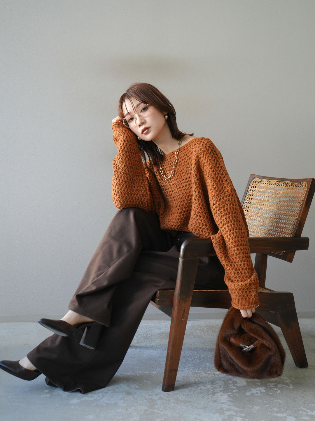 [予約]ネップ透かし編みオーバーニット/camel