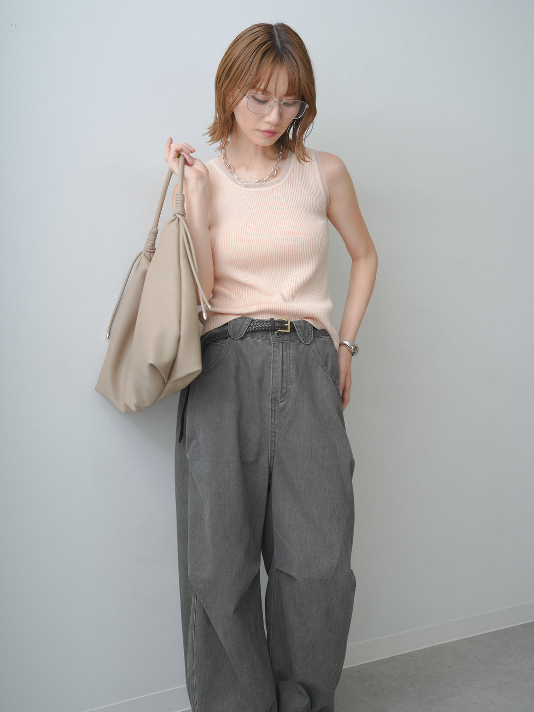 [SET]チュールトリムリブニットタンクトップ+ウォッシュタックカーブパンツ(2set)