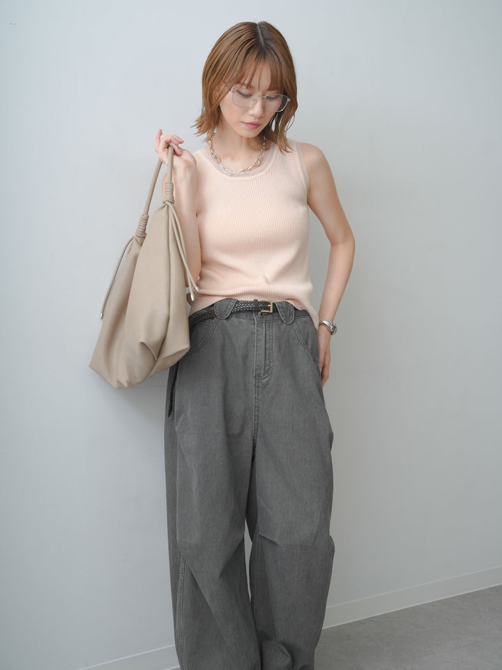 [SET]チュールトリムリブニットタンクトップ+ウォッシュタックカーブパンツ(2set)