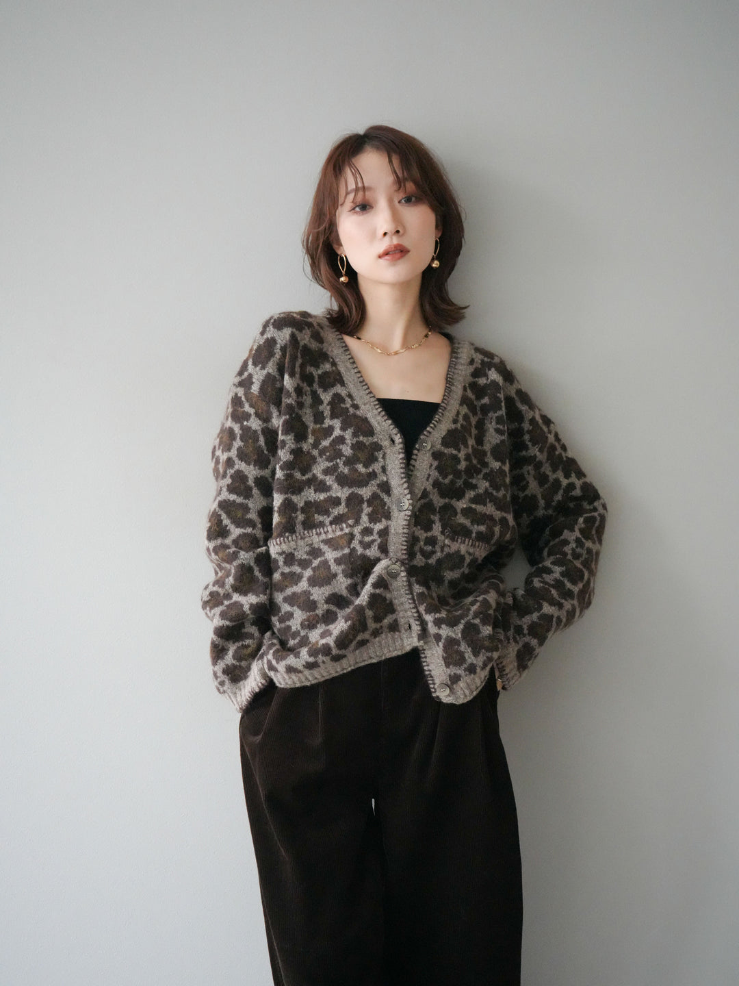 [予約]アニマル柄ステッチニットカーディガン/khaki