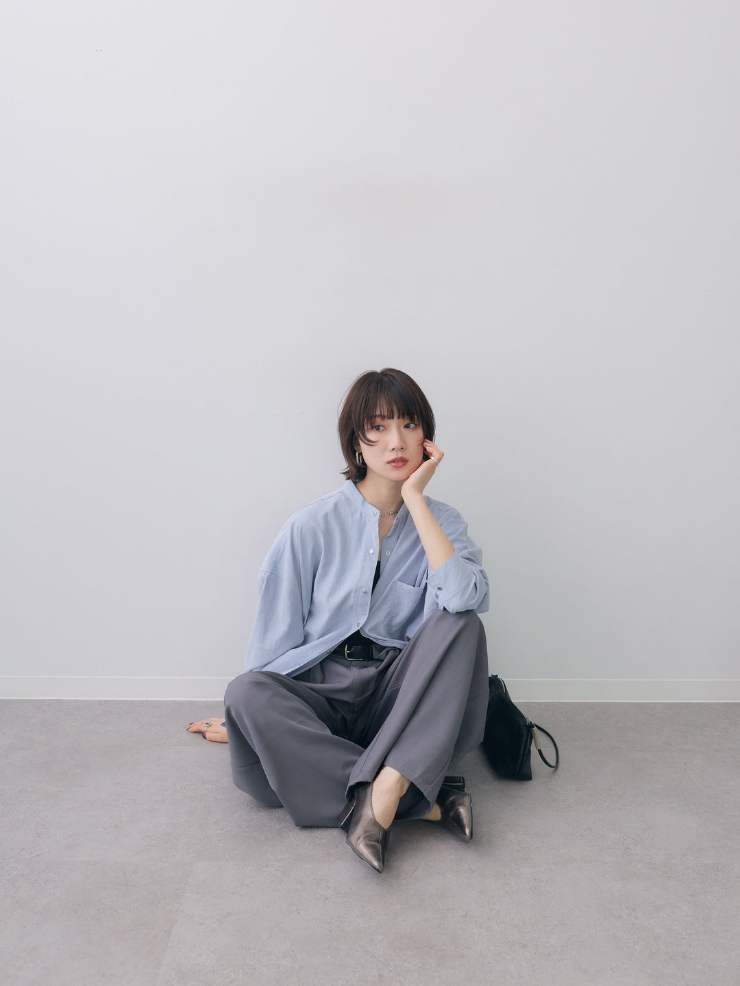 [予約]ピーチスウェードノーカラーオーバーシャツ/bluegray