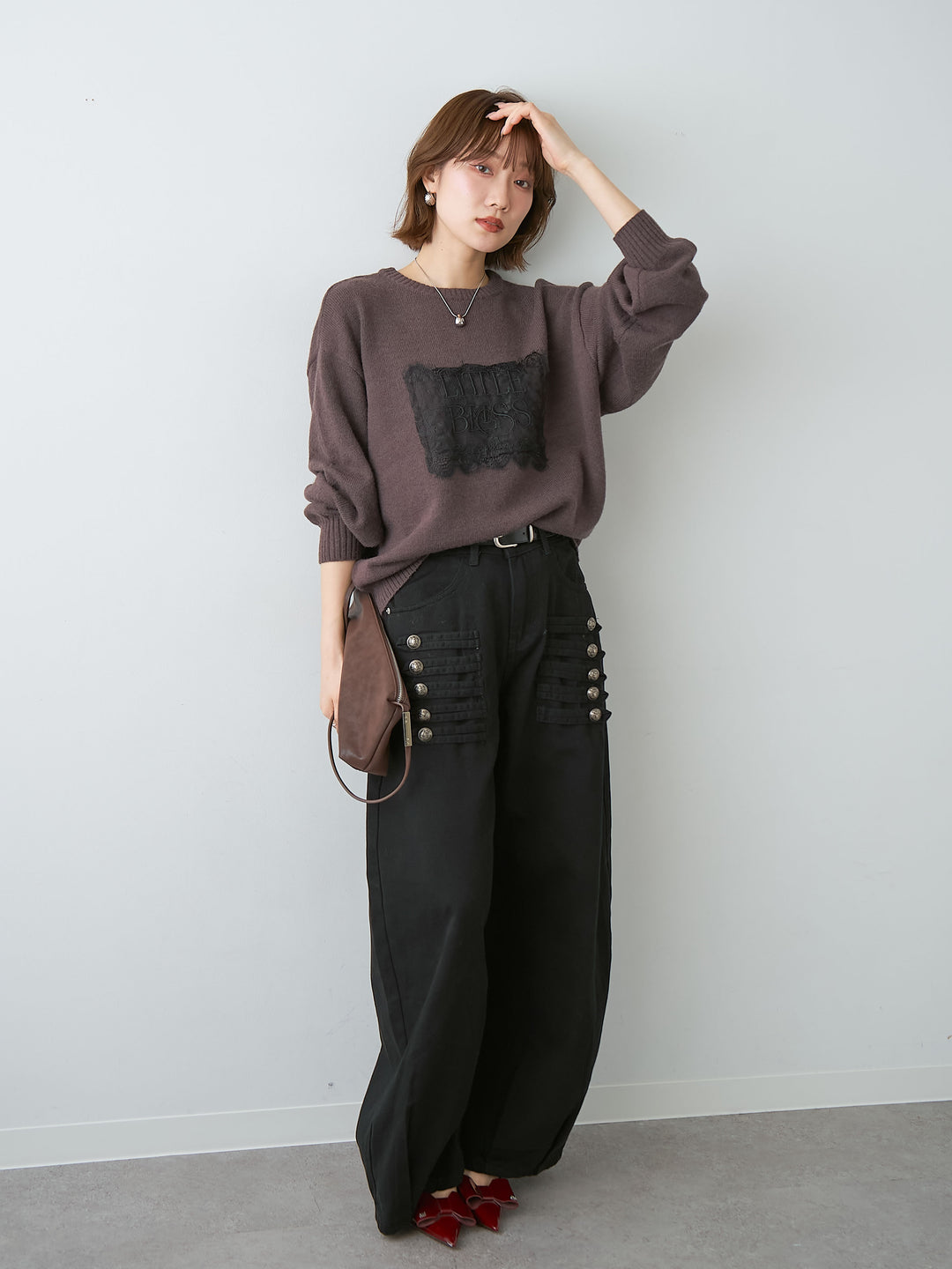 [SET]アルパカタッチ刺繍レースロゴニットプルオーバー+ナポレオンコットンカーブパンツ(2set)