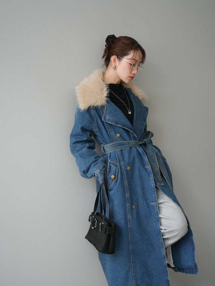 [予約]ファー襟デニムロングコート/blue