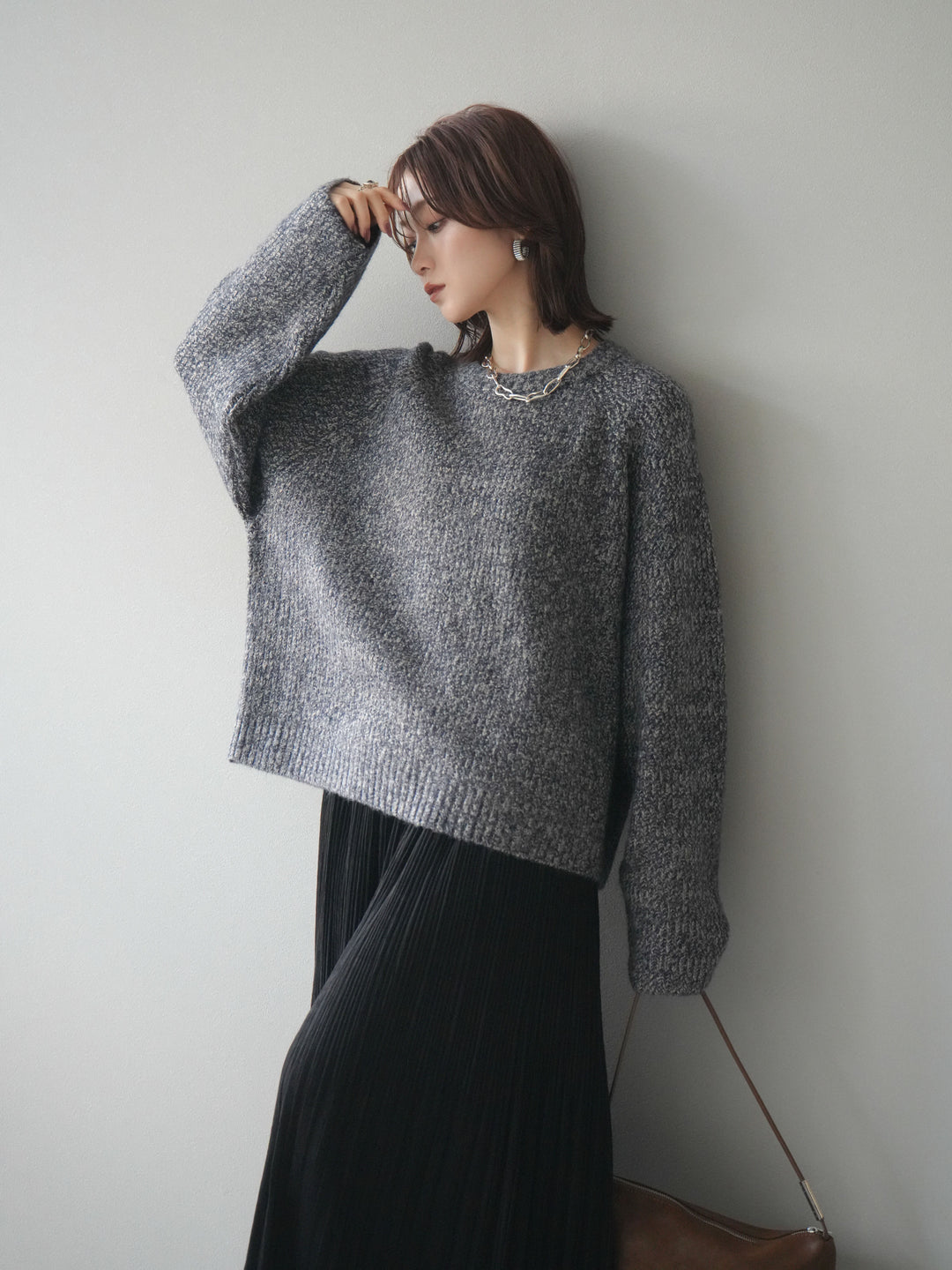 [予約]クルーネック畦編みミックスニット/navy