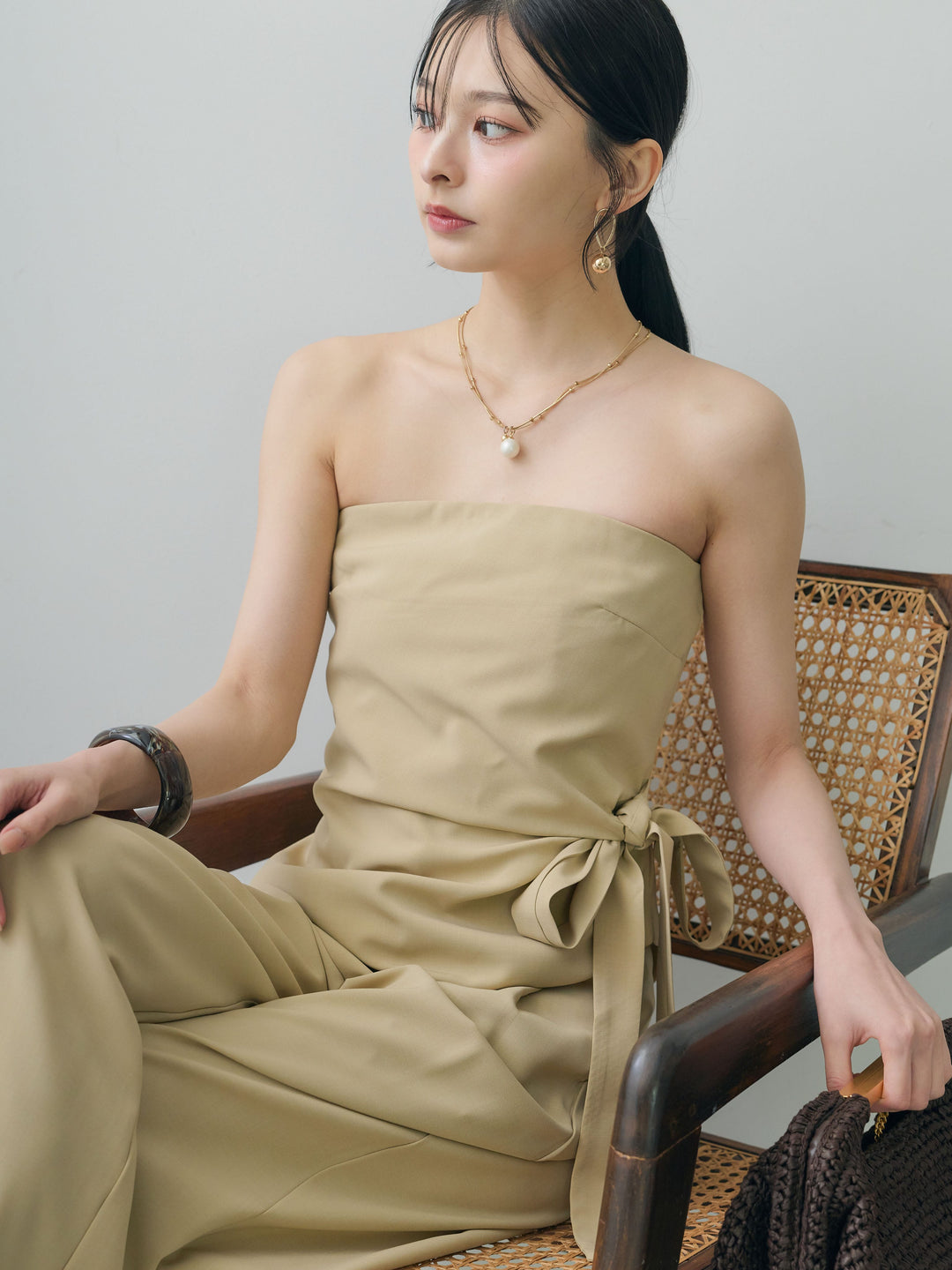 [SET]アシメサイドリボンベアトップス＆タックワイドストレートパンツSET UP(2SET)+アシメサイドリボンベアトップス＆タックワイドストレートパンツSET UP(2SET)(2set)