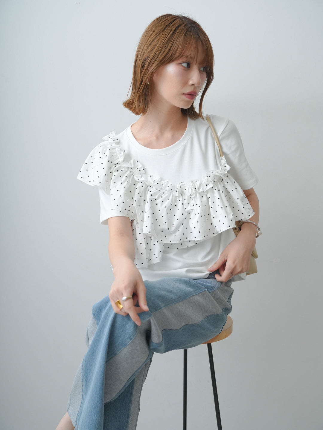 [SET]ドットギャザーフリルデザインTEE+デニム切替スウェットパンツ(2set)