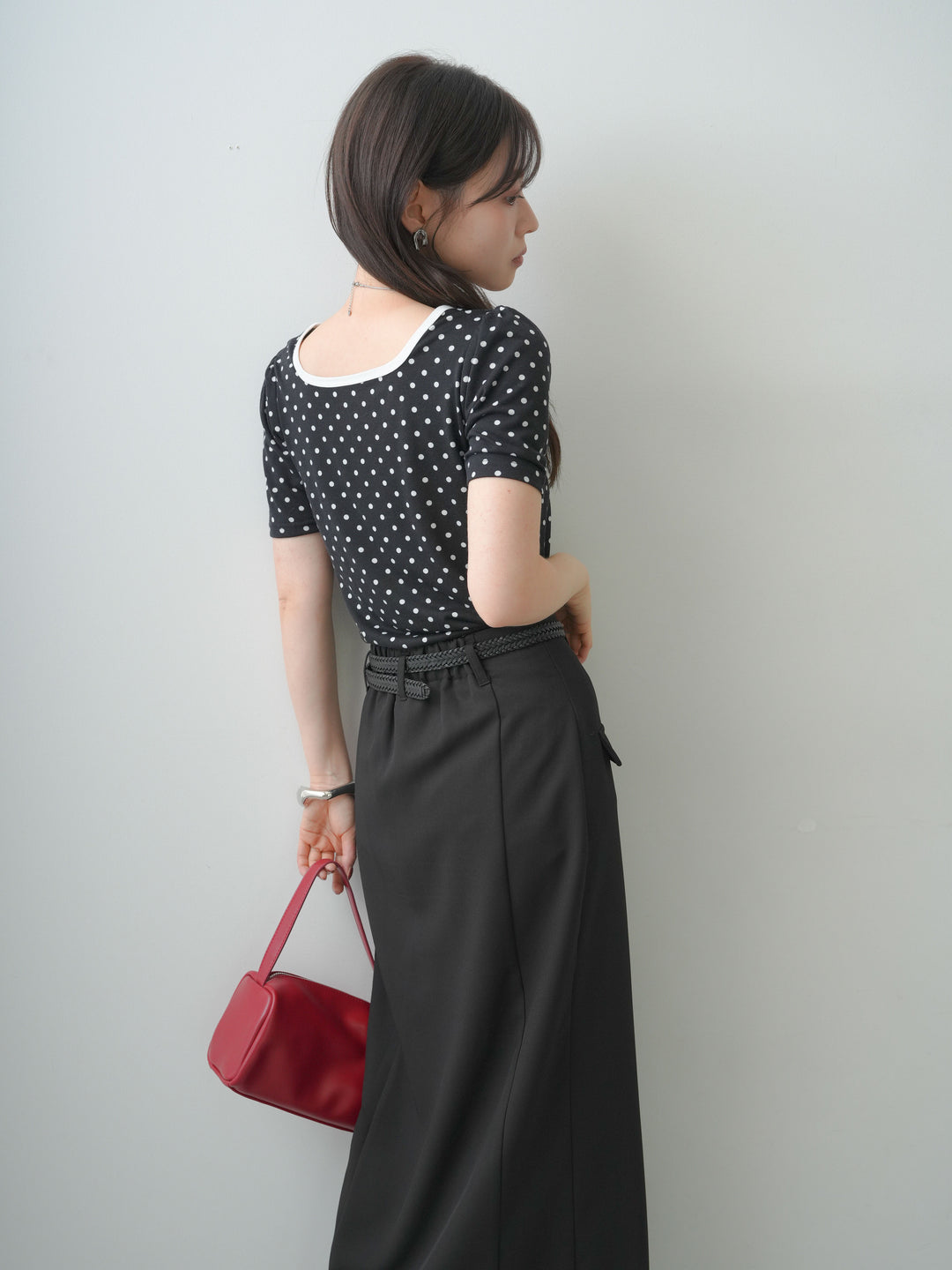 [SET]前後2wayドットバイカラーパイピングTEE+クレープデシンフラップ付きストレートスカート(2set)