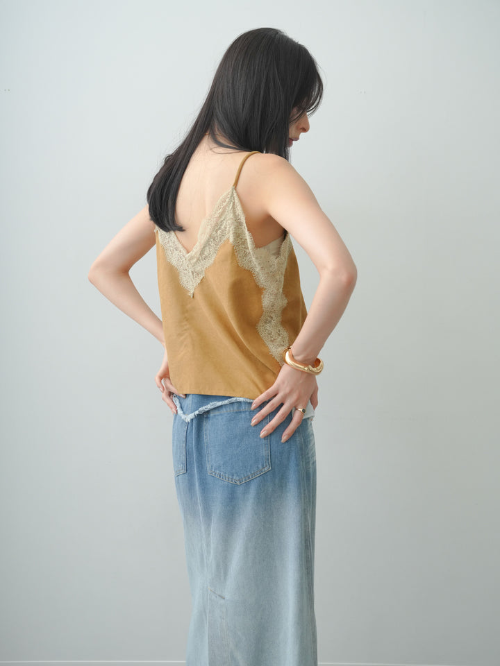 【套裝】麂皮絨蕾絲拼接吊帶背心+雙腰牛仔裙（兩件套裝）