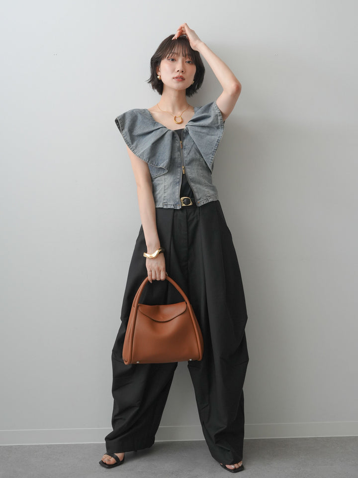[SET]フロントジップフリルカラーデニムトップス+ショルダータックノースリーブオーバーTEE+ベルトループカーブタックワイドパンツ(3set)
