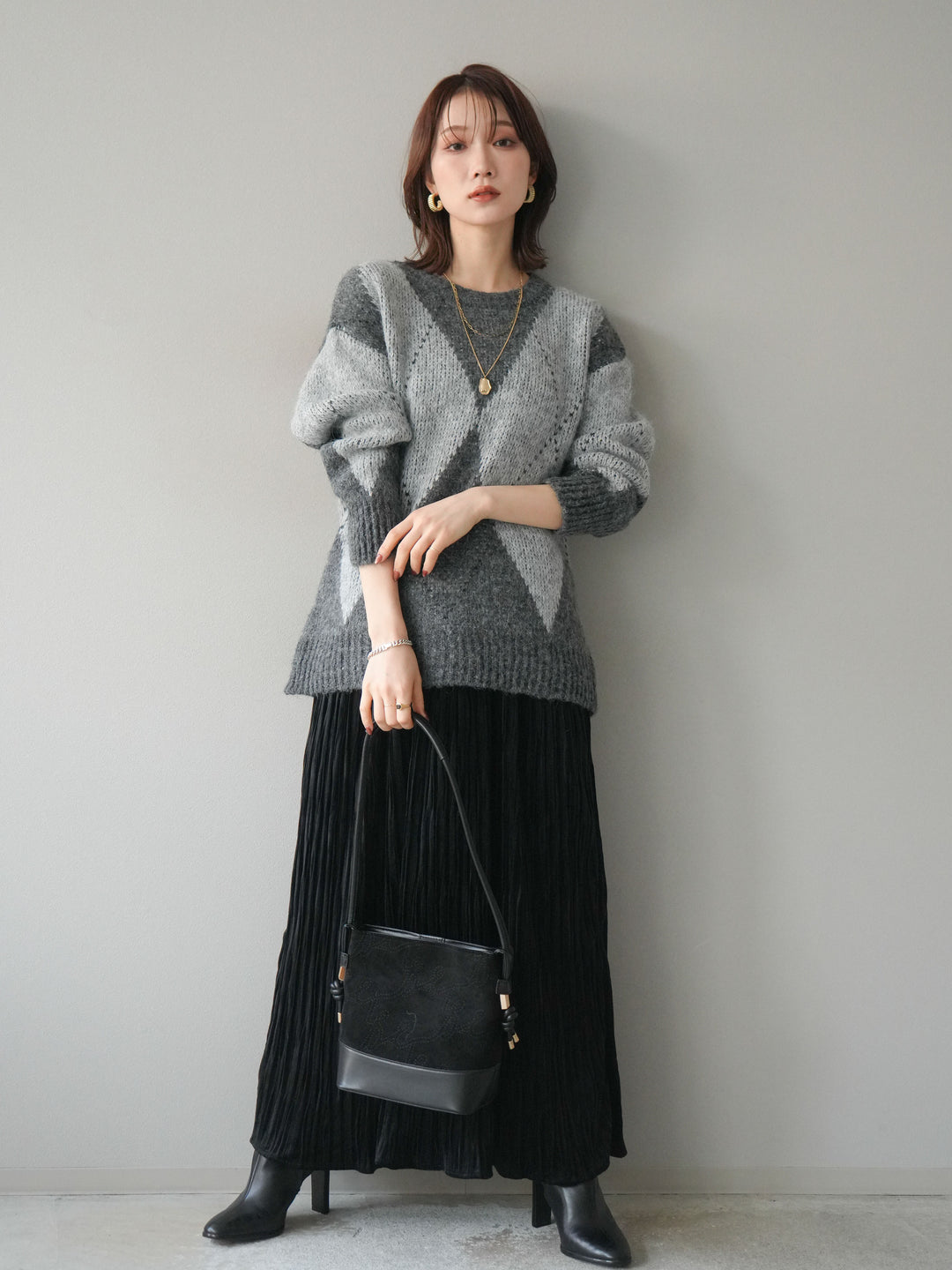 [SET]アーガイルオーバーニットプルオーバー+スエードワッシャープリーツスカート(2set)