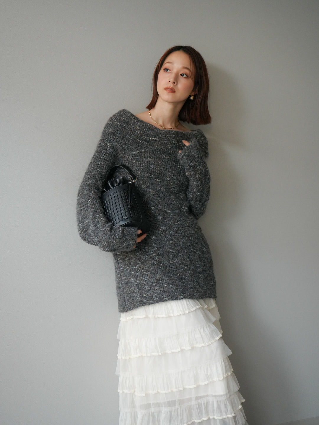 [予約]ミックスヤーンオフショルルーズニットプルオーバー/グレー