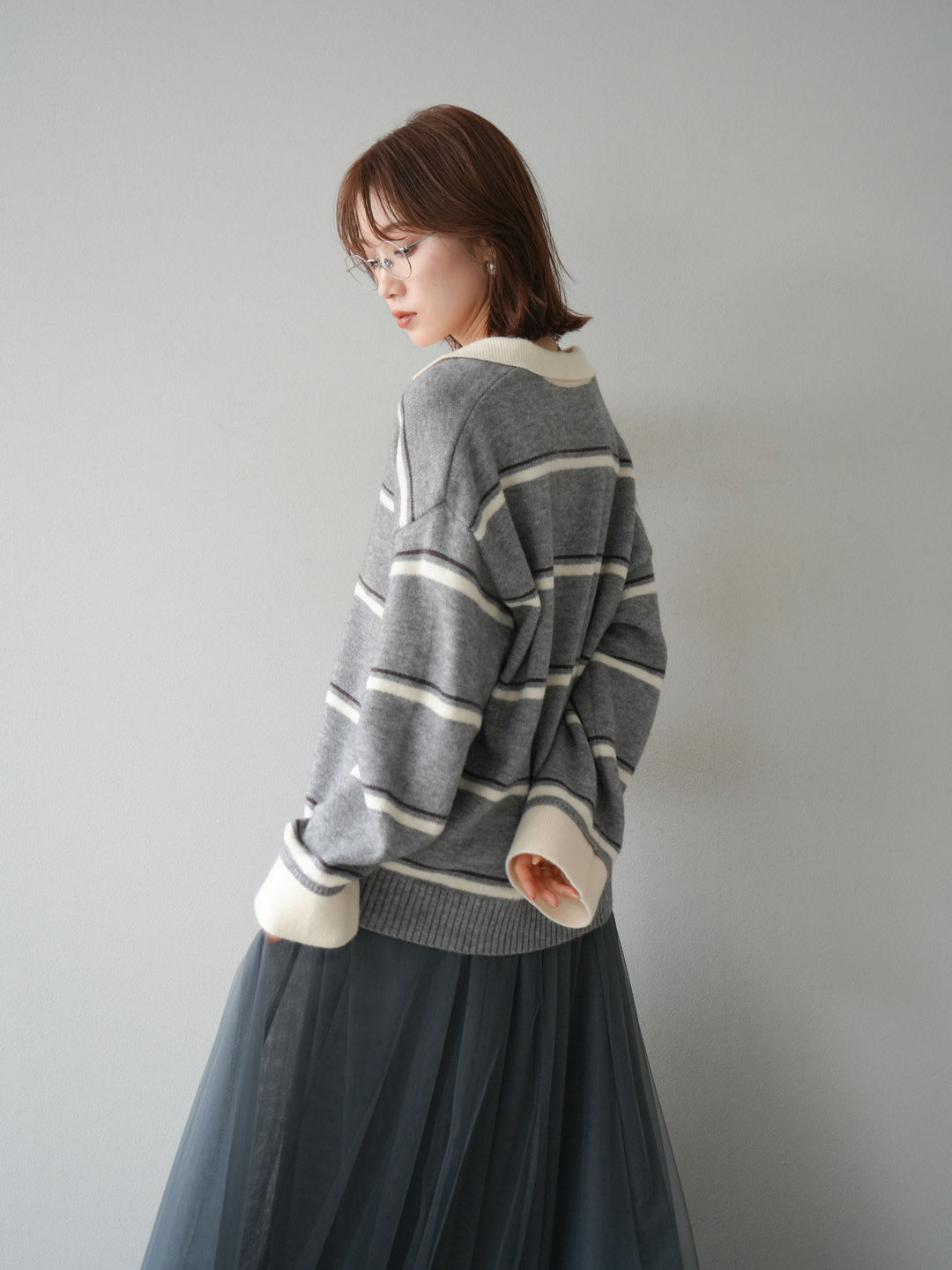 [SET]ポロ襟スキッパーボーダーニットプルオーバー+チュールボリュームスカート(2set)