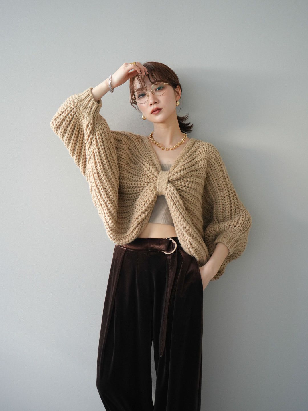 [SET]ローゲージ畦編みドルマンニットボレロ+選べるアクセセット(2set)