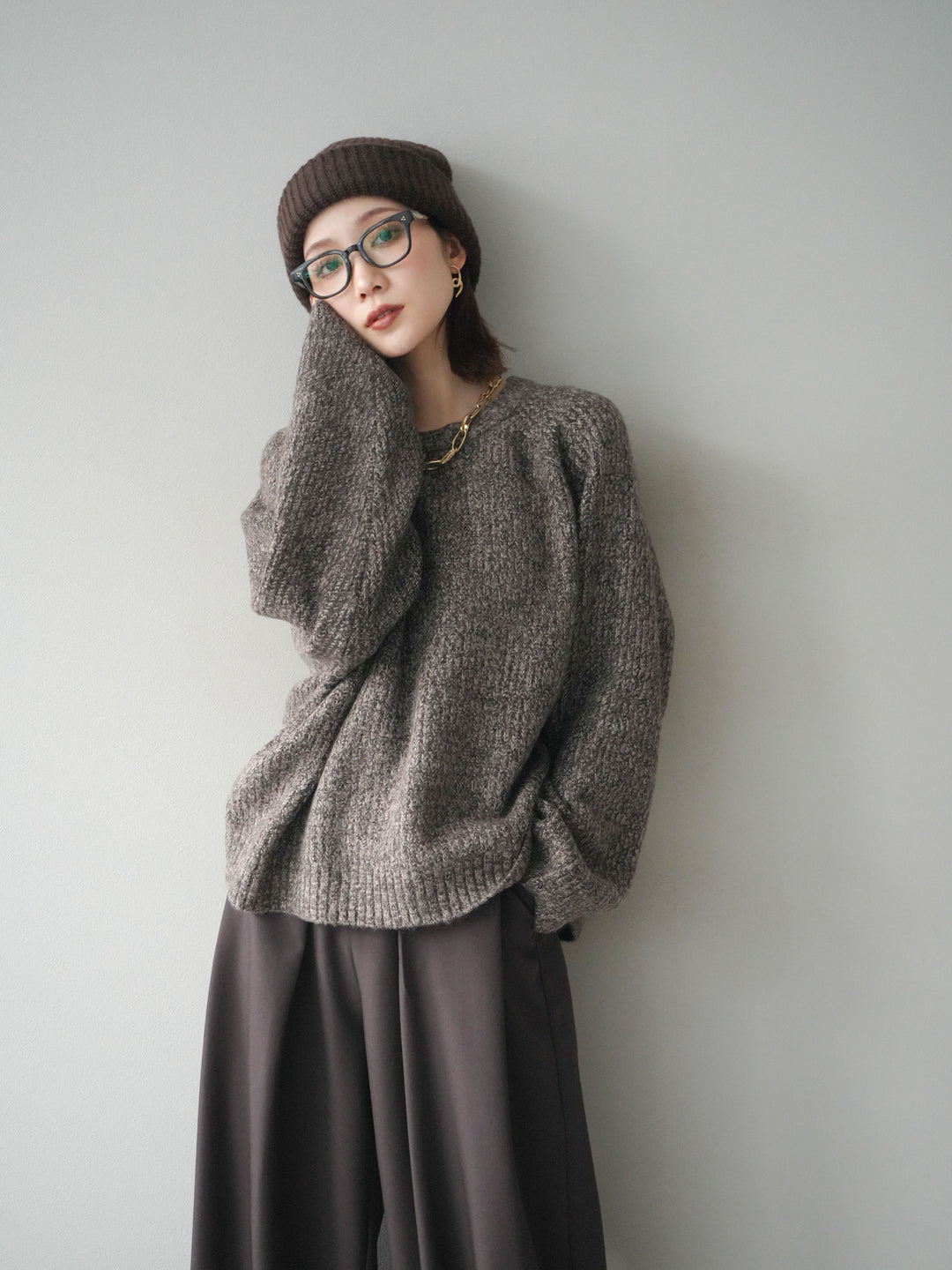 [予約]クルーネック畦編みミックスニット/brown