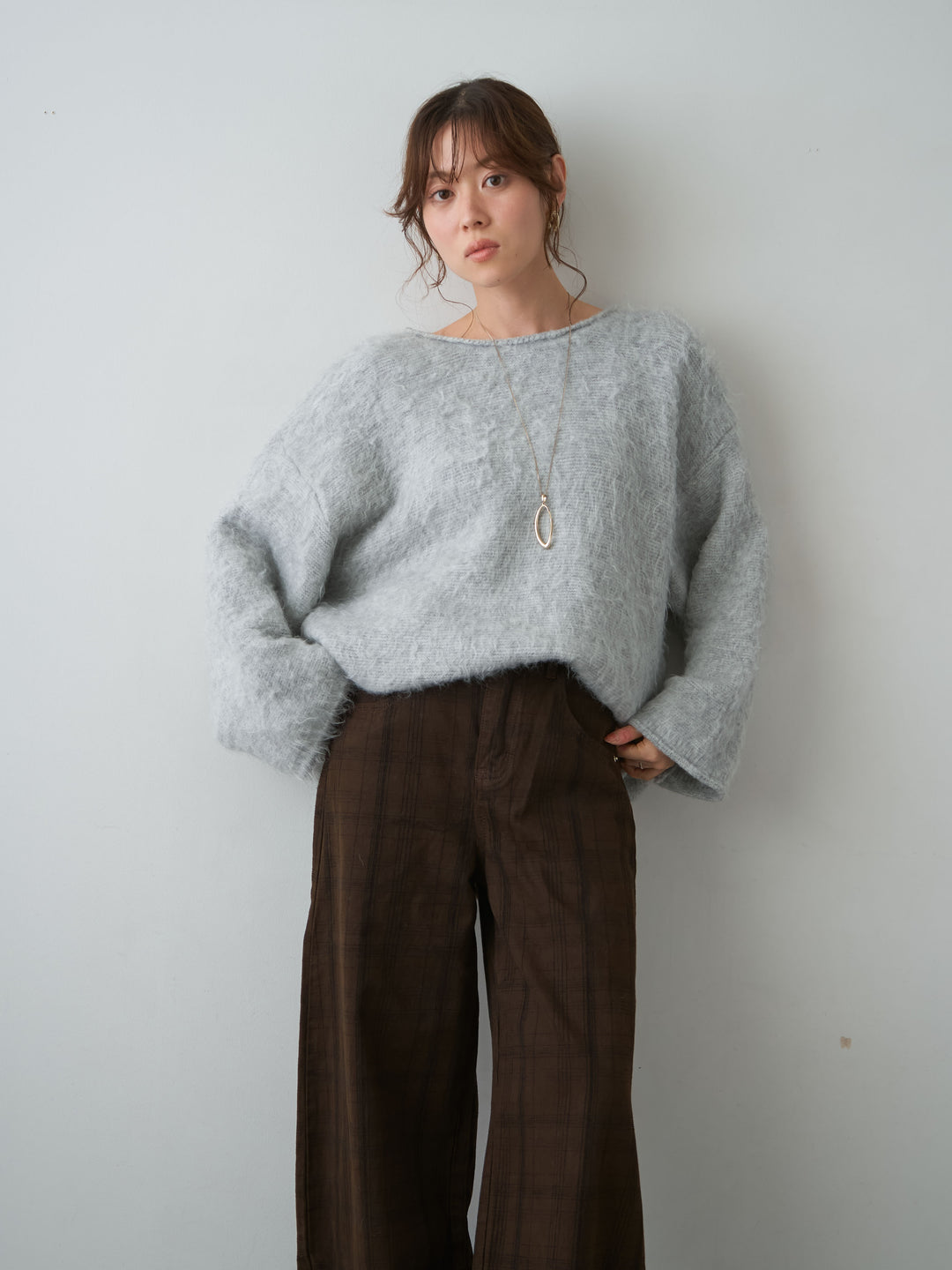 【套裝】船領毛絨寬鬆針織衫 + 船領毛絨寬鬆針織衫（2 件套）