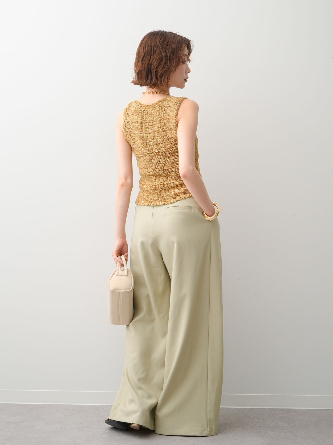[SET]テープヤーンVネックニットトップス+アシンメトリーベルトタックワイドパンツ(2set)