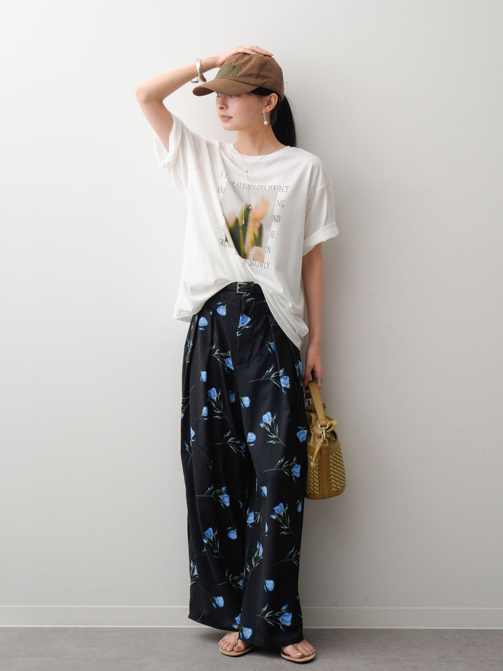 [SET]フラワーフォトTEE+フラワープリントドレープタックパンツ(2set)