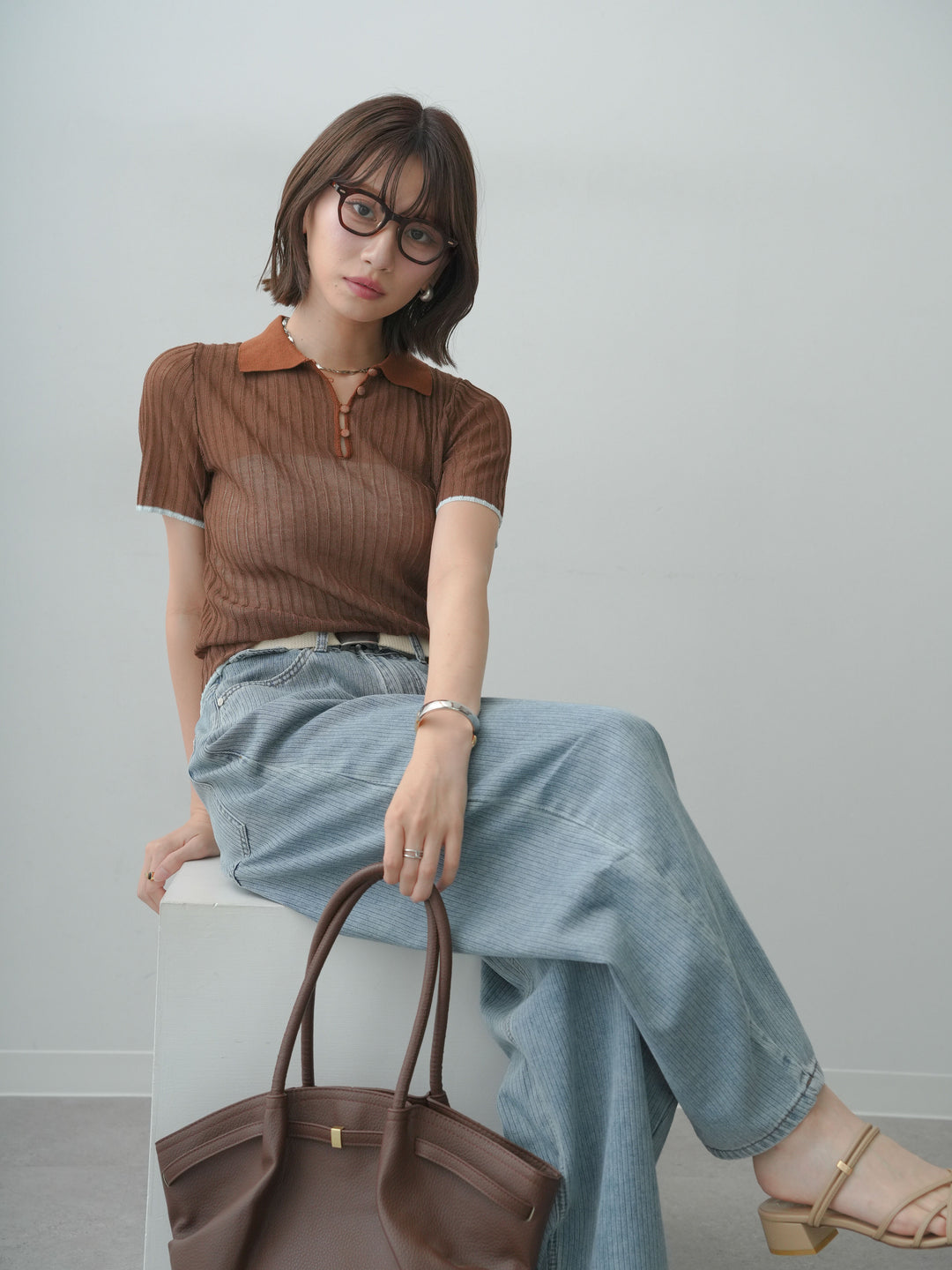 【套裝】雙色透視polo衫+水洗漸層牛仔褲（兩件套）
