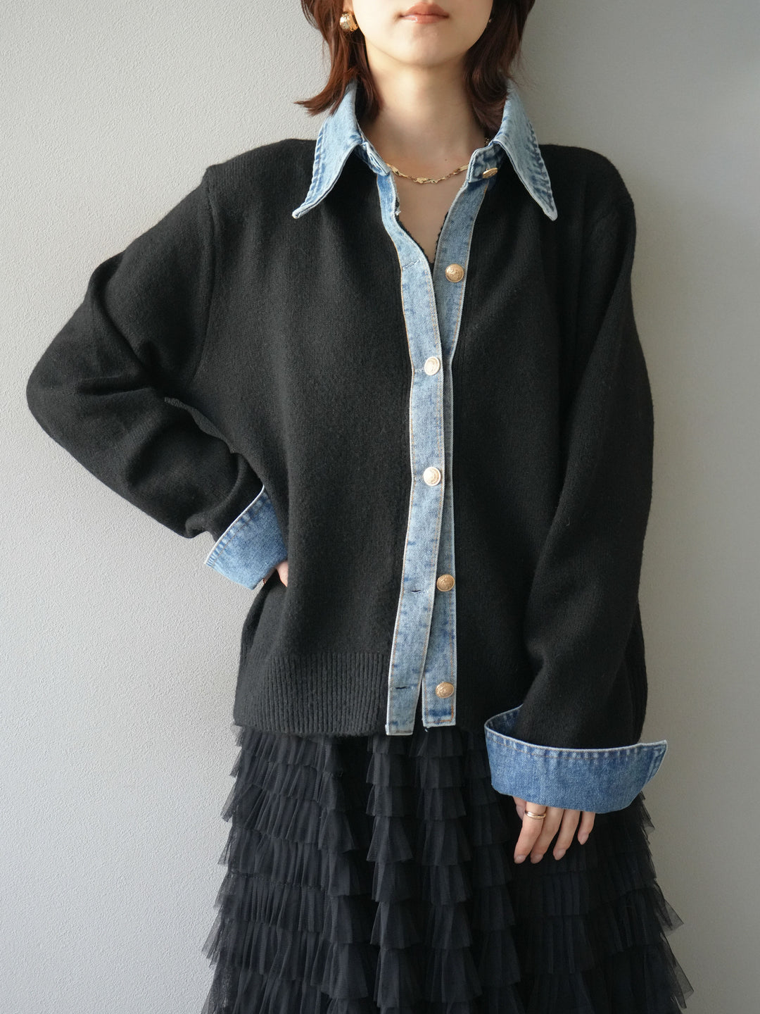 [予約]デニム襟ボタンニットカーディガン/black