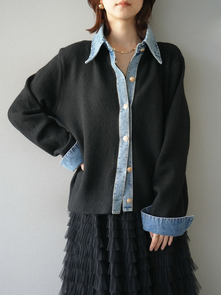 [予約]デニム襟ボタンニットカーディガン/black