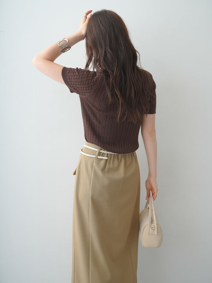 [予約]ヘンリーケーブルハーフニットトップス/brown