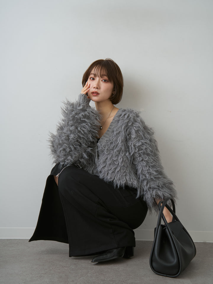 [SET]ループフェザークロップニットカーディガン+フロントZIPポケットデザインスウェットスカート(2set)