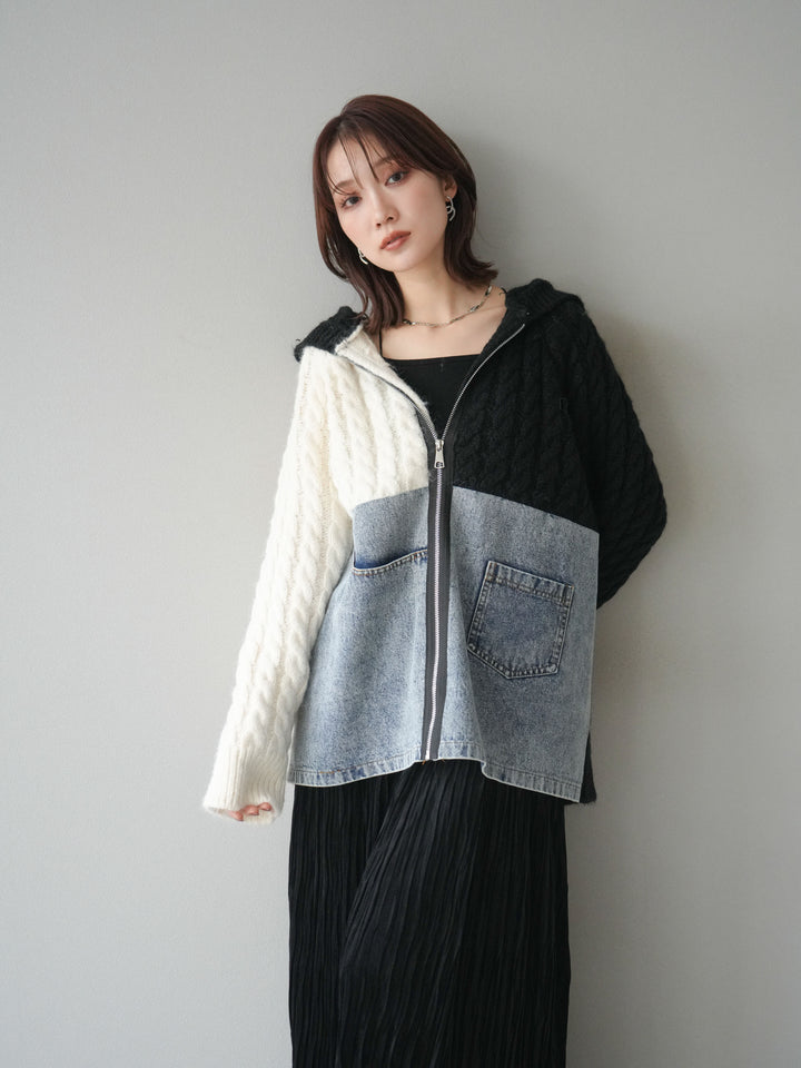 [予約]デニム×バイカラーニットZIPフーディ/black