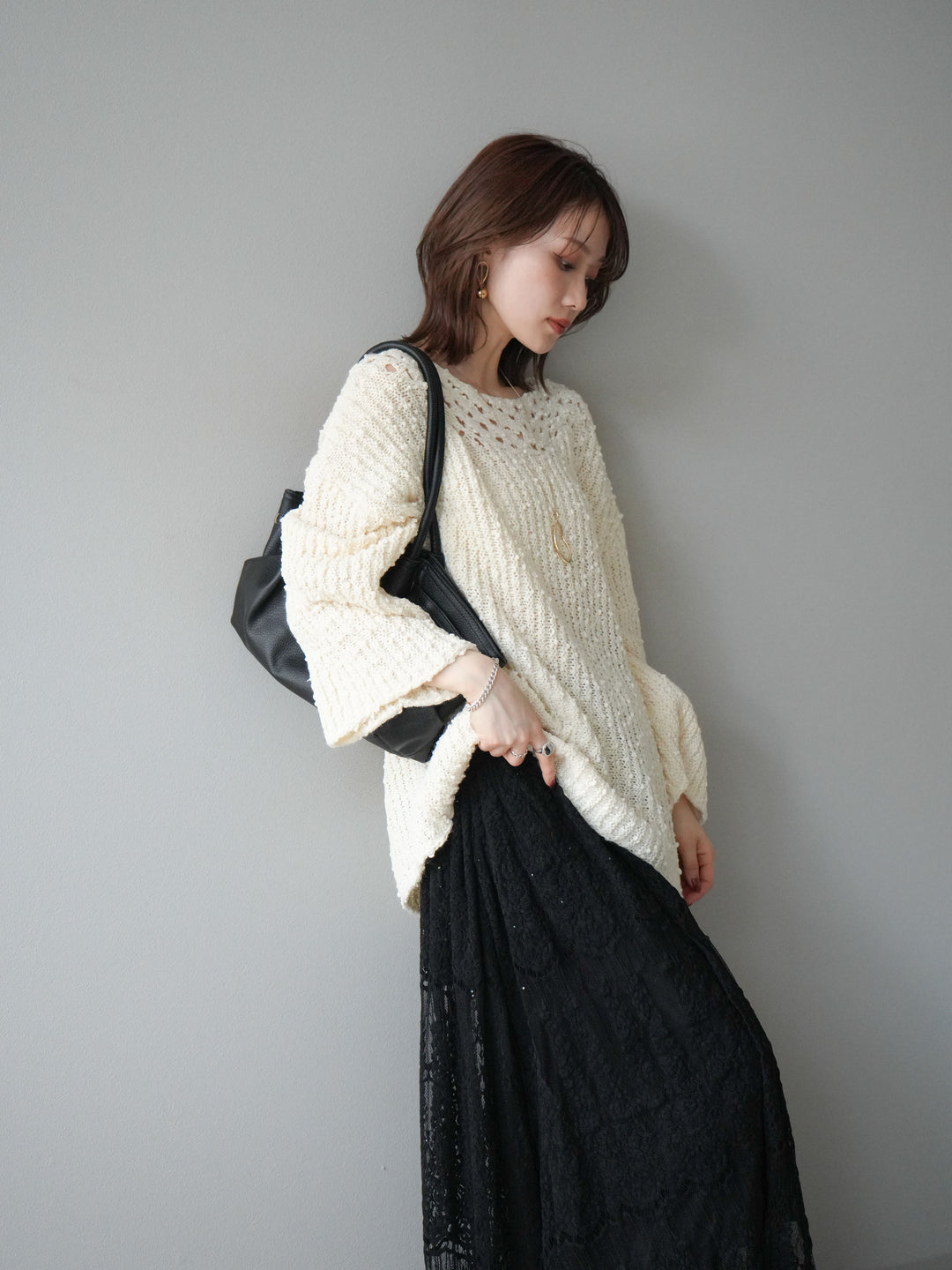 [予約]ボートネック透かし編みニットプルオーバー/white