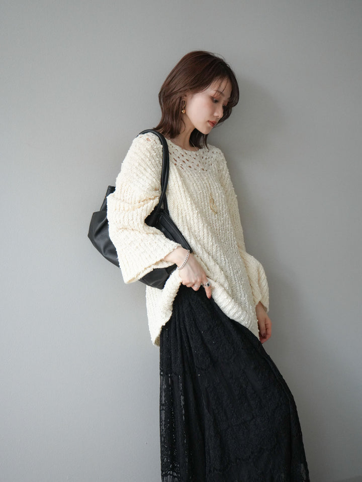 [予約]ボートネック透かし編みニットプルオーバー/white