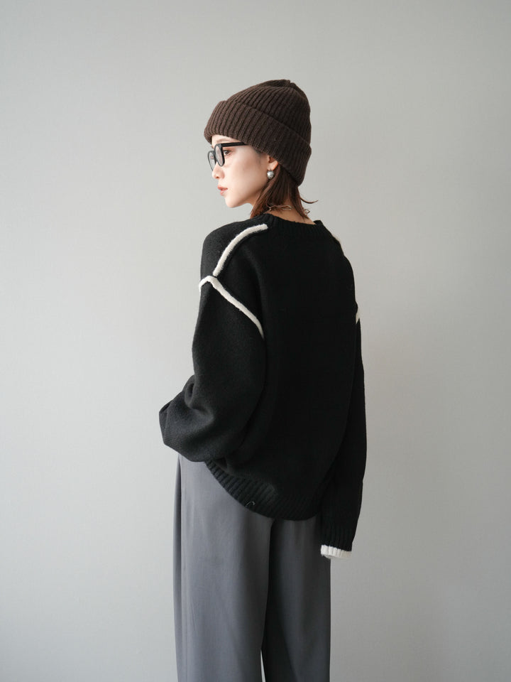 [予約]バイカラーパイピングニットプルオーバー/black