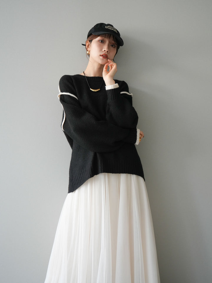 [予約]バイカラーパイピングニットプルオーバー/black