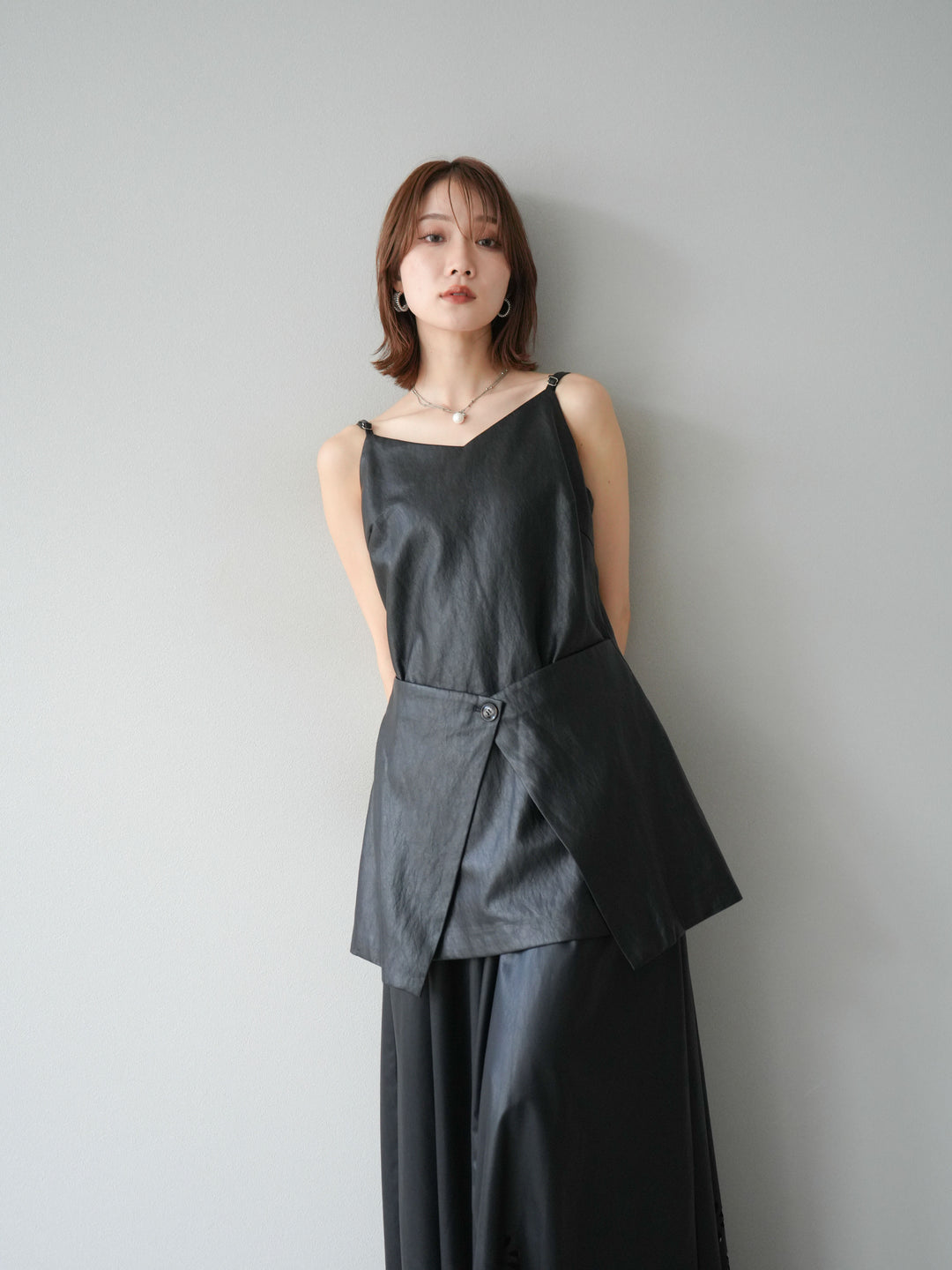 [予約]レイヤードレザーキャミソールチュニック/ブラック