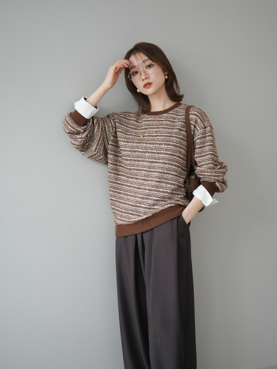 [予約]MIXツイードライクカフスドッキングプルオーバー/brown