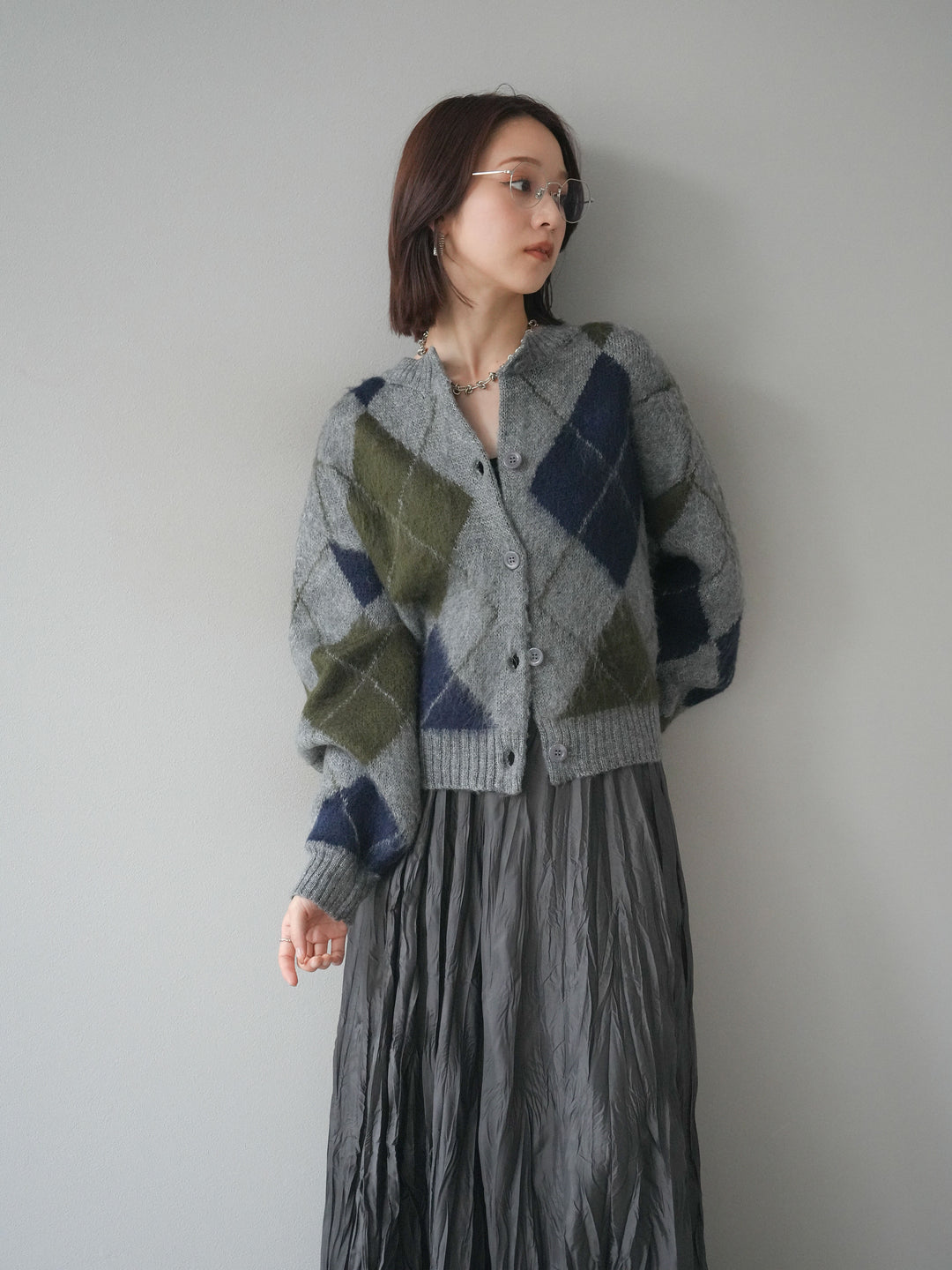 [予約]モヘアタッチアーガイルニットカーディガン/ gray