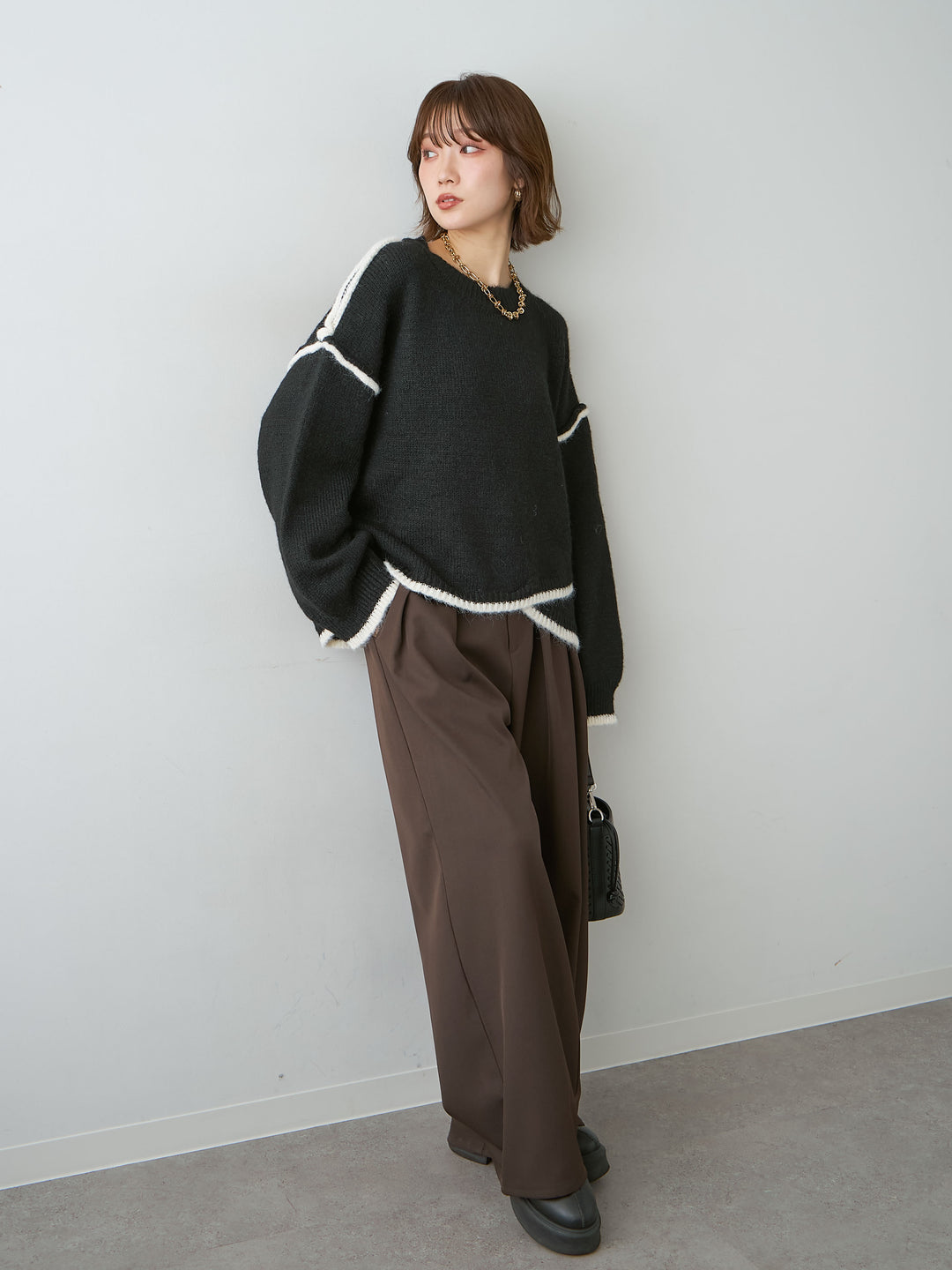 [SET]配色ラインデザインヘムニットプルオーバー+ツイルタックワイドパンツ(2set)