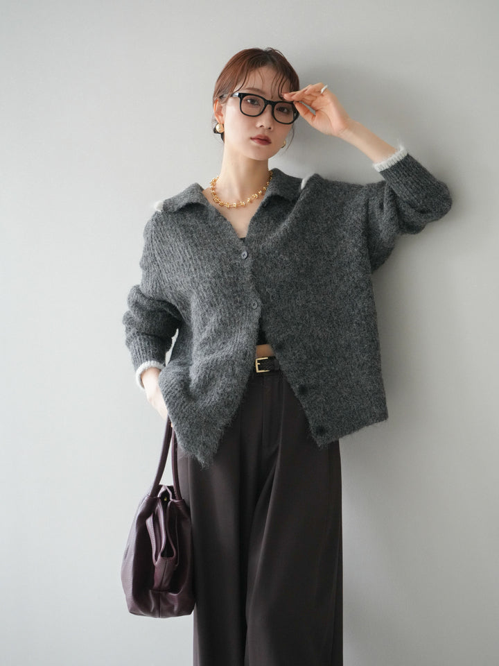 [予約]襟付きバイカラーミックスニットカーディガン/gray