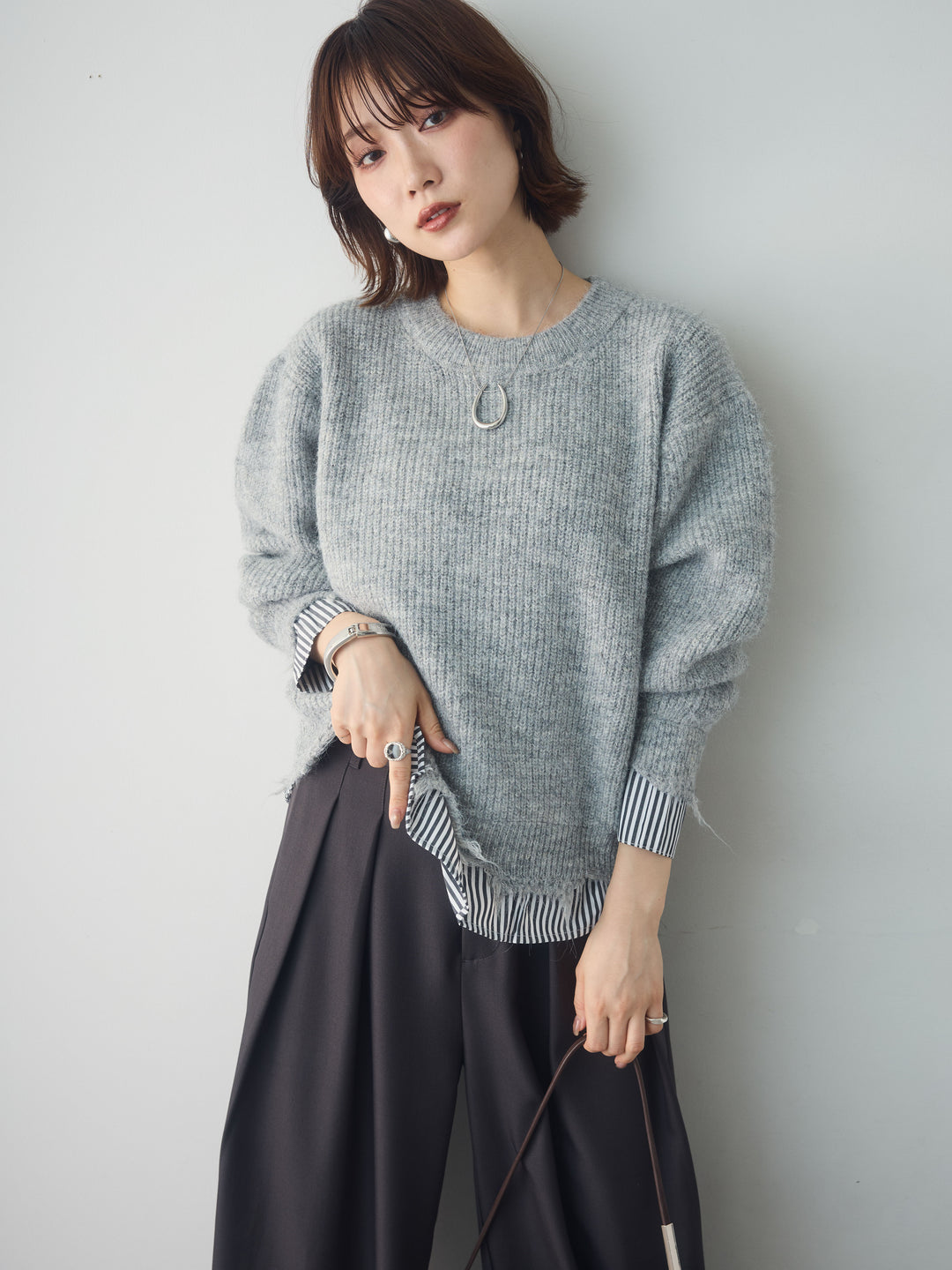 [SET]シャツレイヤードデザインモヘアプルオーバー+選べるアクセセット(2set)