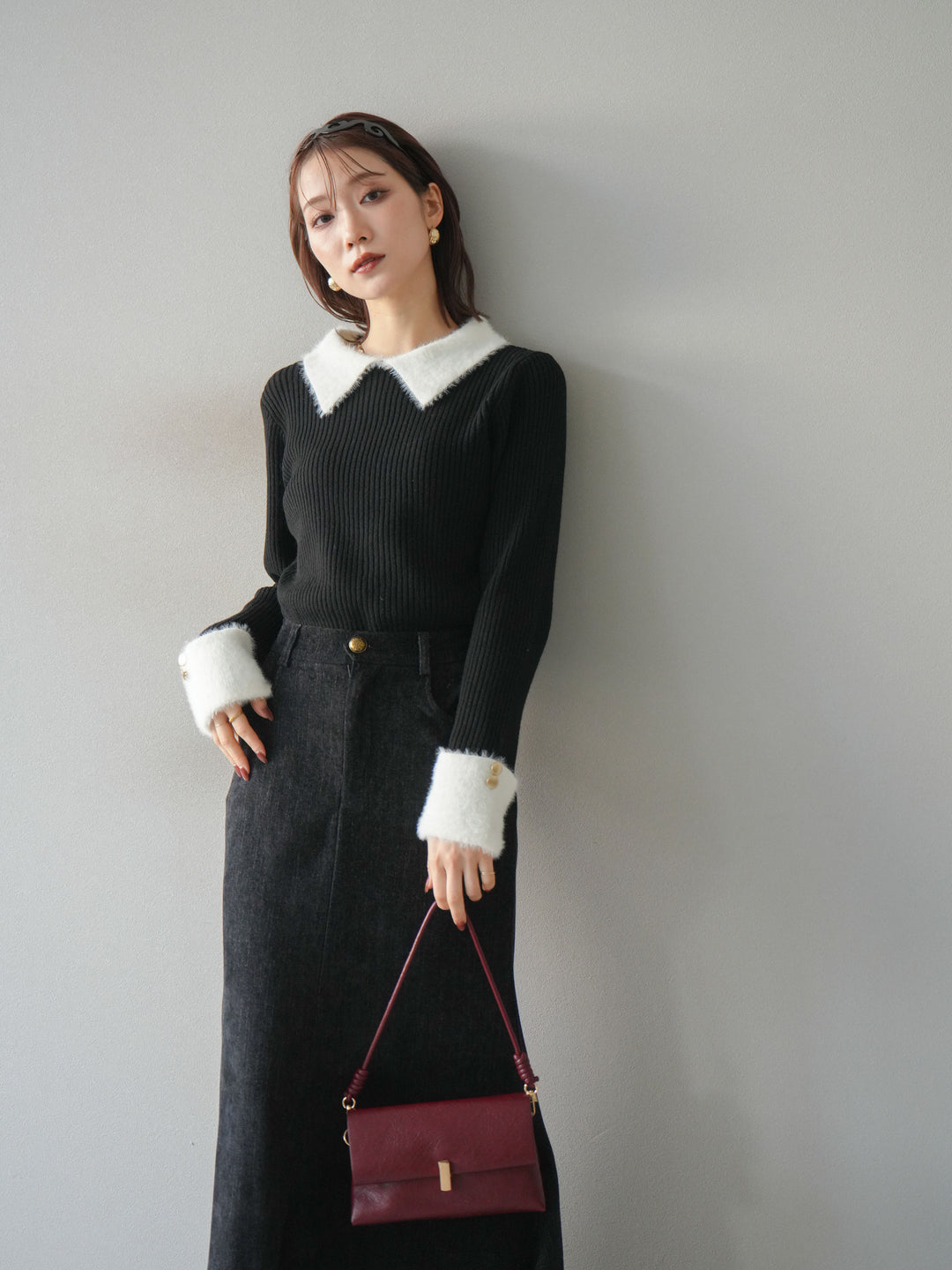 [SET]シャギー襟リブニットトップス+ベルベットマーメイドスカート(2set)