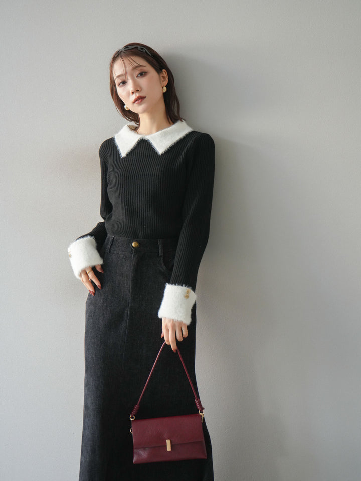 [SET]シャギー襟リブニットトップス+ベルベットマーメイドスカート(2set)